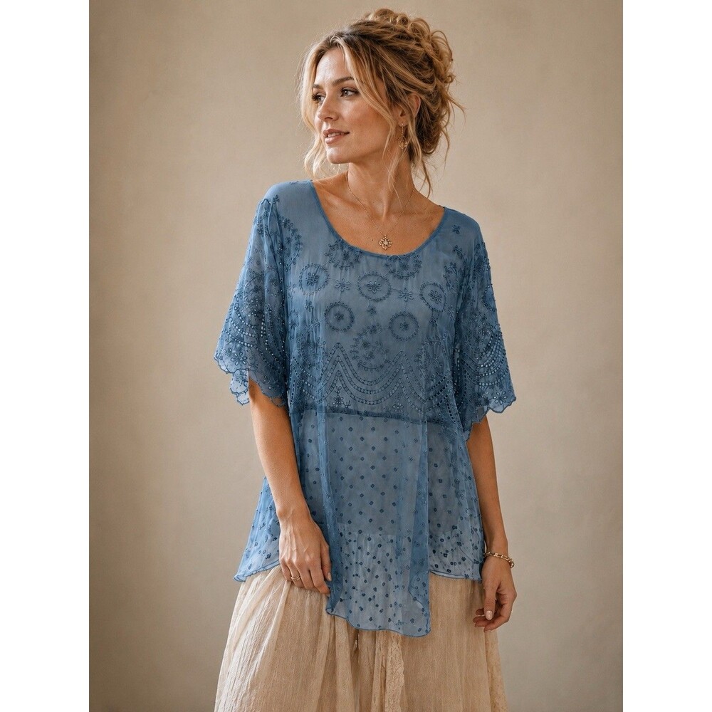 4 Love and Liberty Women’s Silk Lace Shirt Blouse Short Sleeve Blue Sheer Sz. S